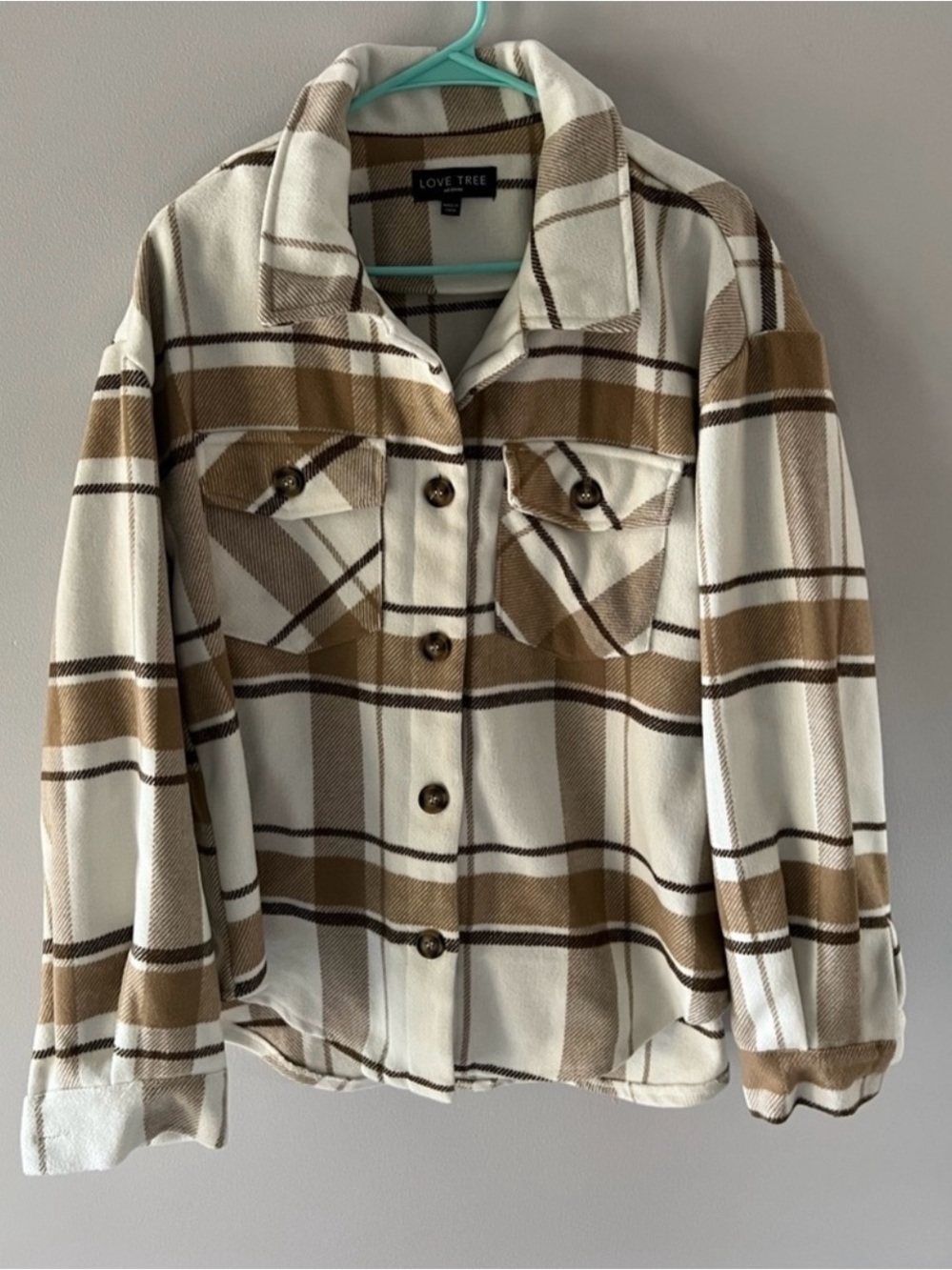 Love Tree Cream and Tan Plaid Shacket Jacket
